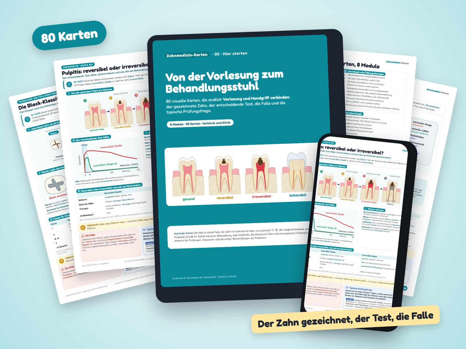 Zahnmedizin-Karten: das Titelblatt auf einem Tablet, eine Karte auf einem Handy und mehrere Karten drumherum